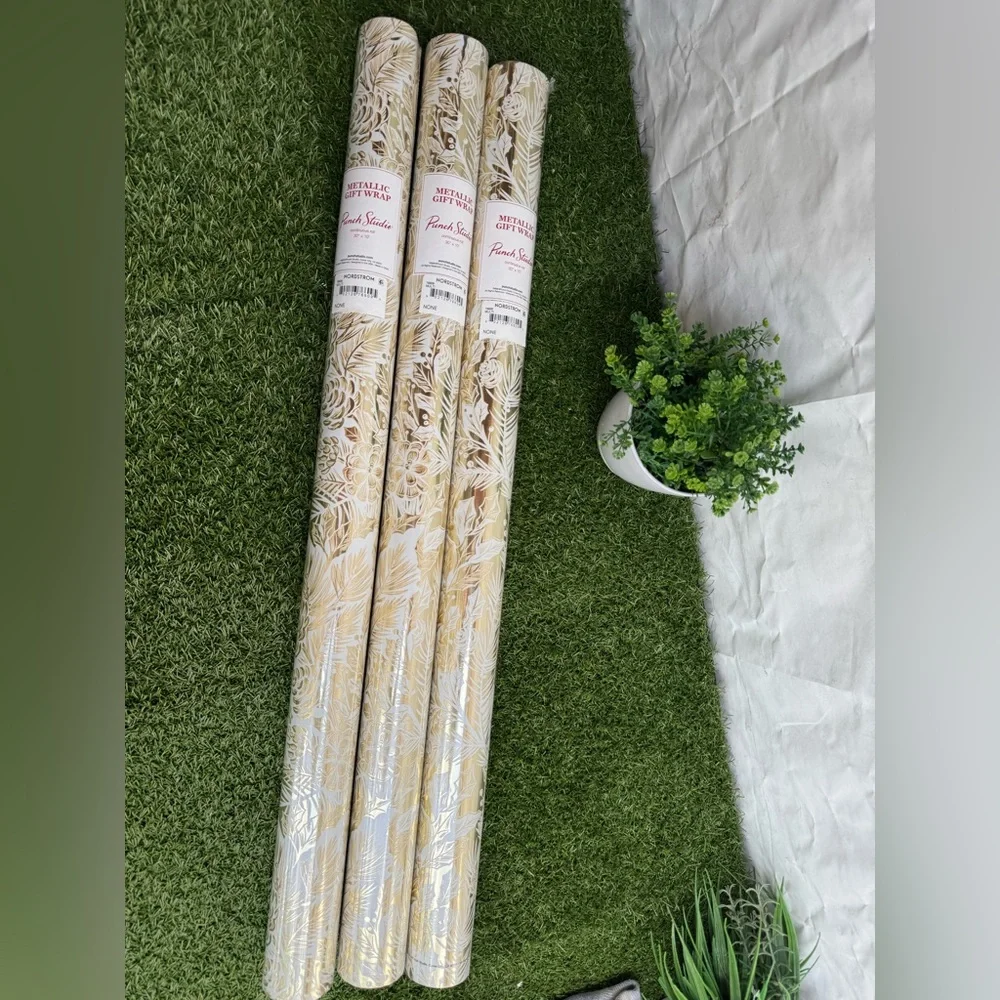 PUNCH STUDIO Christmas Gift Wrap Paper Roll Lot of 3 New Gold and White 30 X 10